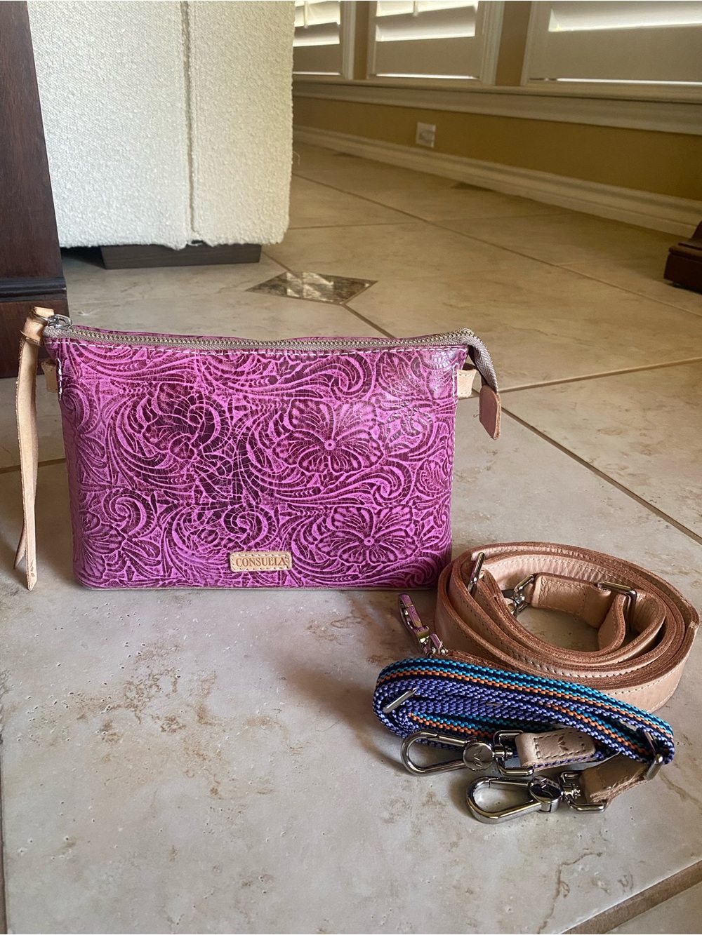 Consuela Mena Fuchsia Tooled Leather Midtown Crossbody Bag with Leather Trim - Picture 3 of 9